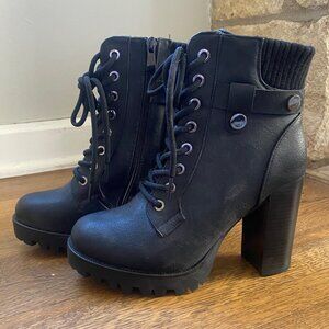 Women's Black Lace-up Combat Ankle Boots w/Chunky Heel, Size 7